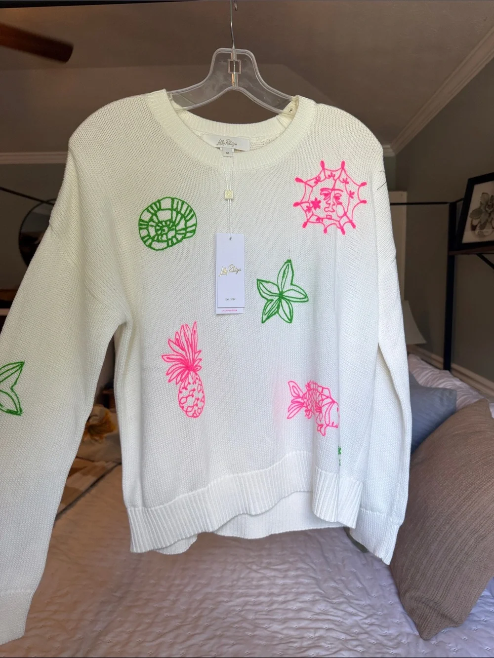 Lilly Pulitzer Cream Crewneck Sweater with Neon Pink & Green Motifs